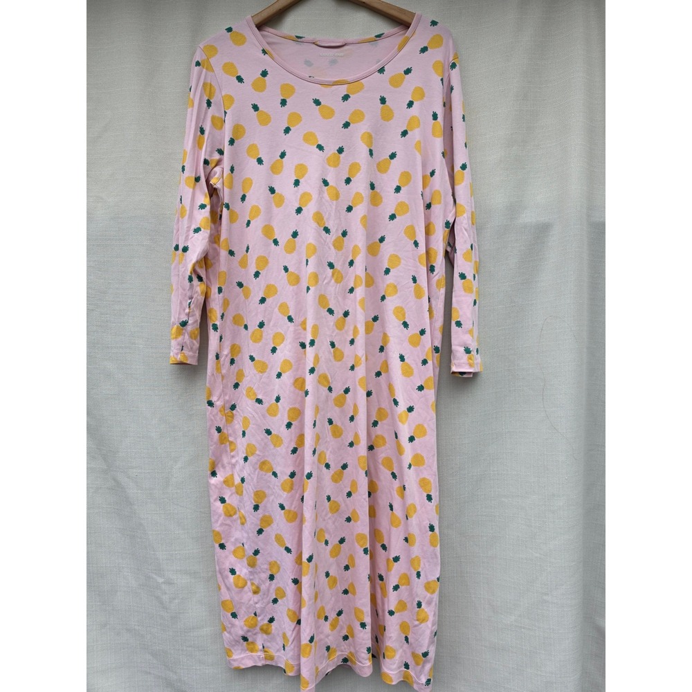 Lands End Nightgown Dress Womens 1X Supima Cotton Long Sleeve Pineapple Pink